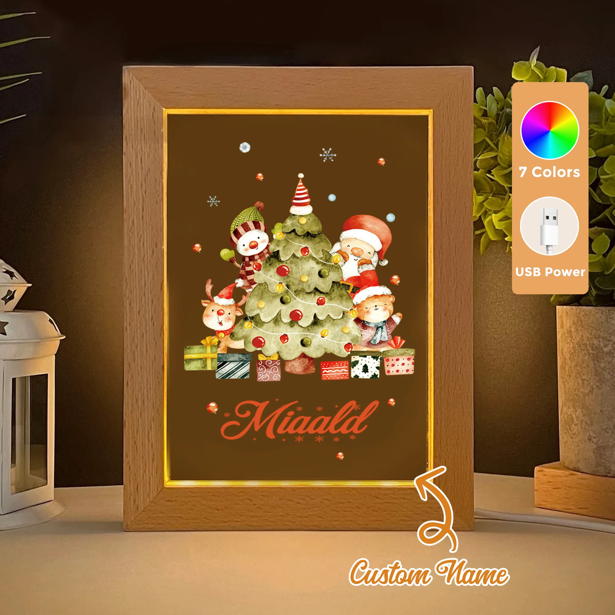 

Custom Name Elk Snowman LED Acrylic Night Light Wood Photo Frame 21x17cm Christmas Cartoon Children Bedroom Gifts Home Decor