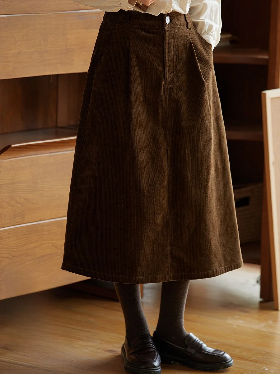 

Retro Corduroy A-Line Skirt Women's Autumn Winter Texture Loose Elastic Waist Casual Sle Cotton Polyester Blend Skirt