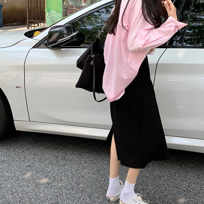 

Skirts Women Solid Straight College Younger Loose Elastic Waist Ins Fashionable Slit Preppy Style Classy Girlish Temperament New