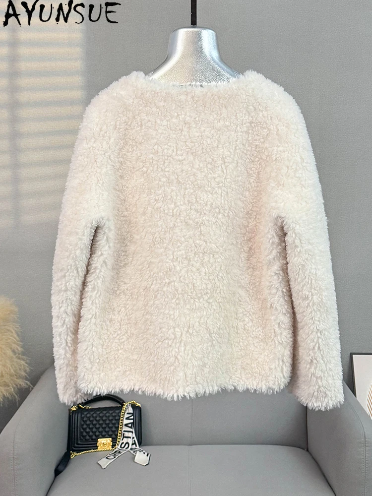 AYUNSUEขนสัตว์ธรรมชาติ 100% ผู้หญิงเสื้อรอบคอLamb Fur Jacketเสื้อผ้าผู้หญิงคุณภาพสูงOuterwears 2025 Ropa Para Mujer