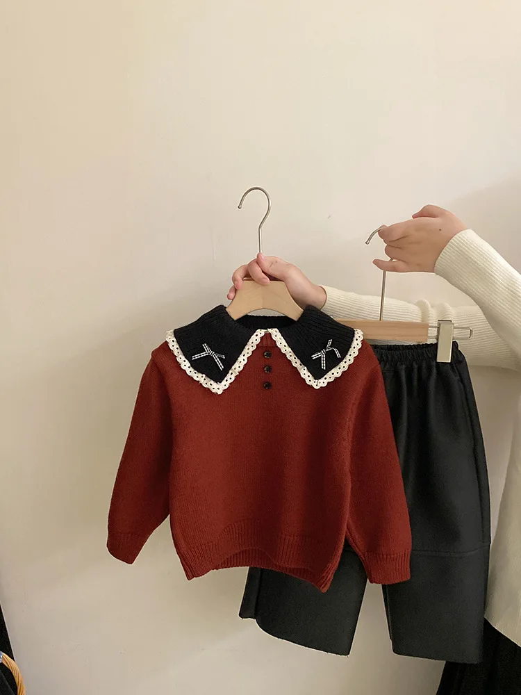 

Girls' Color-Block Doll Collar Bowknot Knit Sweater Autumn Winter New Fleece-Lined Warm Leather Pants Fashion Set