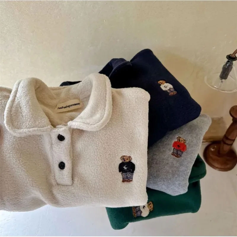 Children Boys Fleece Polo Shirts RAISE Autumn Winter Infant Babys Boys Undershirt Loose Plus Velvet Warm Kids Boys Pullovers