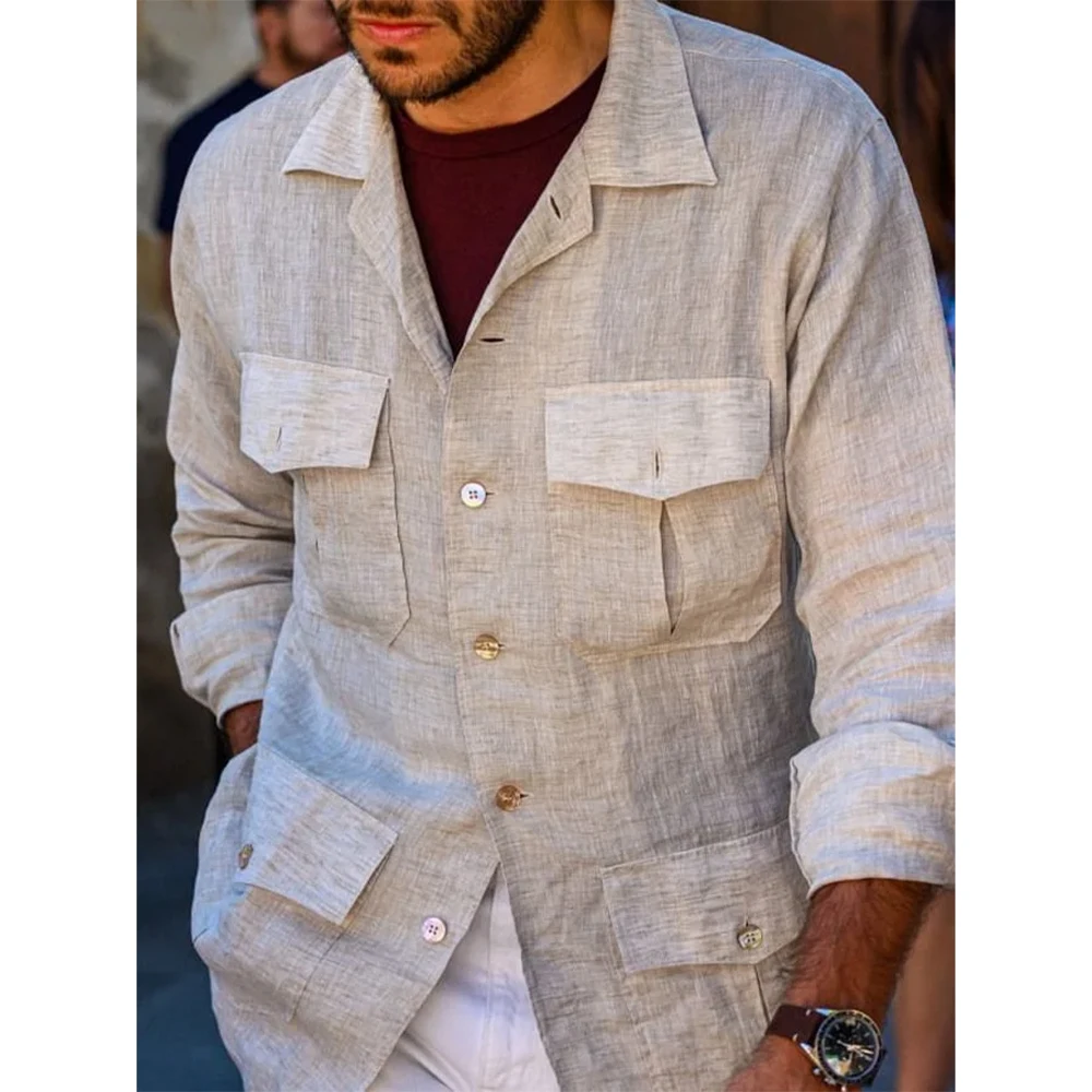 Linen Jacket Lapel Neck Single Breasted 4 Real Pocket Casual Jacket For Summer Wedding （Just One Jacket）