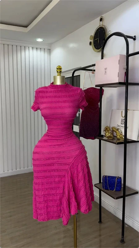 Women Short Sleeve 2025 New High Neck Big Swing Elastic Dress Sweet Elegant Sexy Birthday Night Party Vestidos Event Dresses - view 4