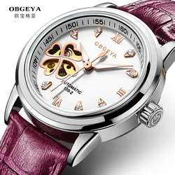 Frauen Automatische Mechanische Uhren Diamant Vierblättriges Kleeblatt Armbanduhren Damen Rose Leder Uhr Wasserdicht Senhoras Assistir