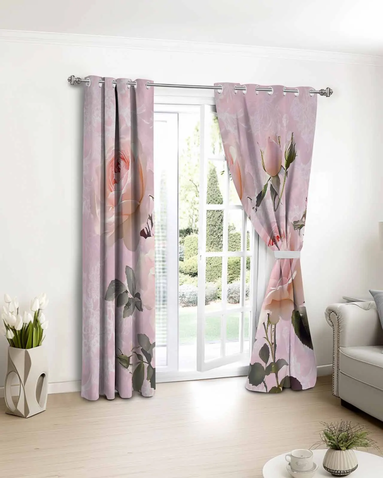 

Nature Pink Rose Flower Window Curtains Living Room Kitchen Curtains for Bedroom Left and Right Biparting Open Curtains