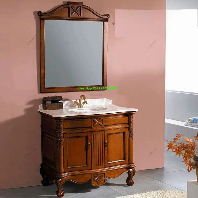 European Bathroom Cabinet Solid Wood Wash Basin Marble Face Sink Toilet Floor Combination Bathroom Cabinet