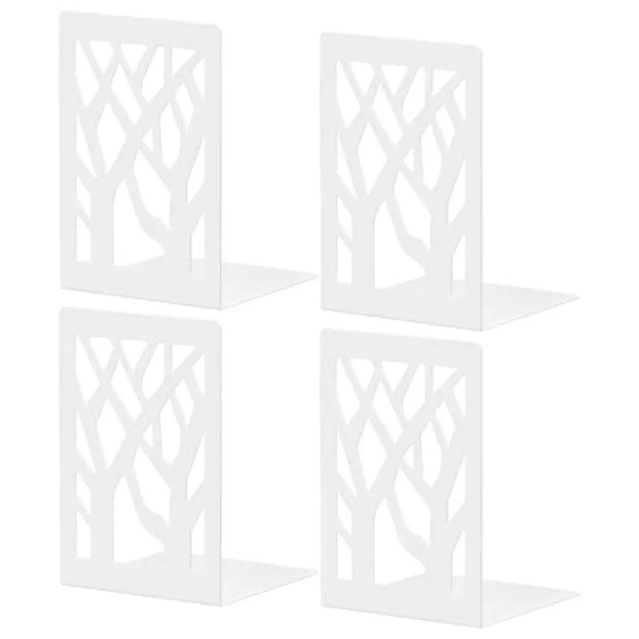 White Bookends 4 Pieces, Tree Design Modern Metal Bookends for Shelves, Unique Tree Book Ends Decorative Book Organizer for Des
