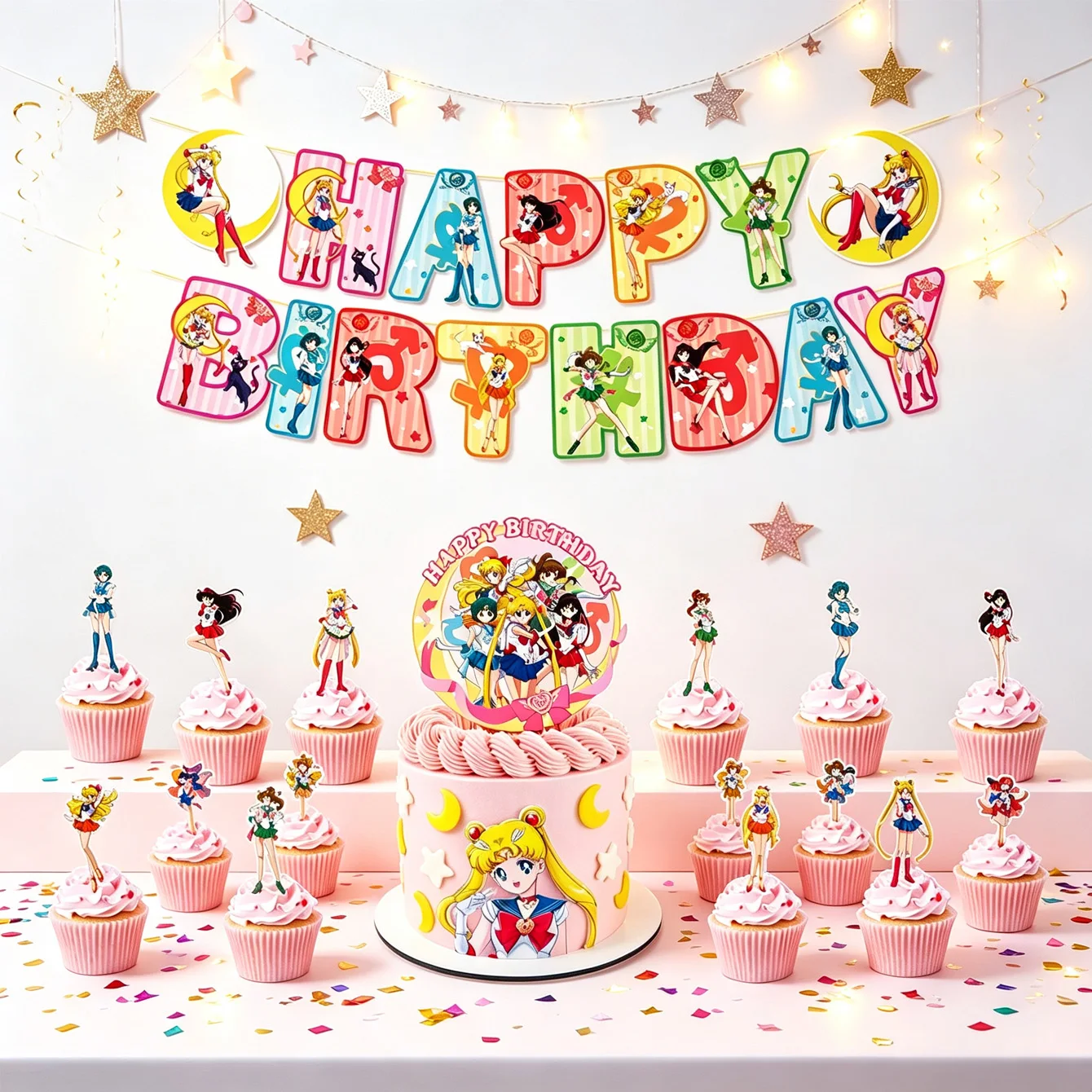 Sailor Moon Geburtstagsparty-Dekorationsset, Happy Birthday Banner, Hängeschleifen, Kuchen- und Cupcake-Topper, Anime-Partyartikel für Mädchen