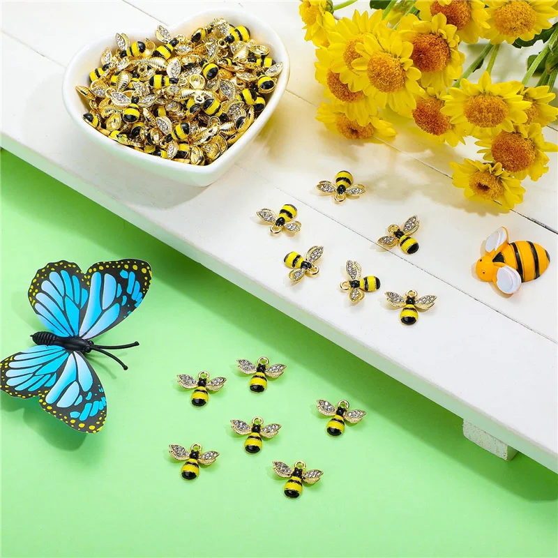

A73P 200 Pcs Enamel Bee Charms Rhinestone Enamel Craft Embellishments Alloy Bee Pendant for Jewelry Making