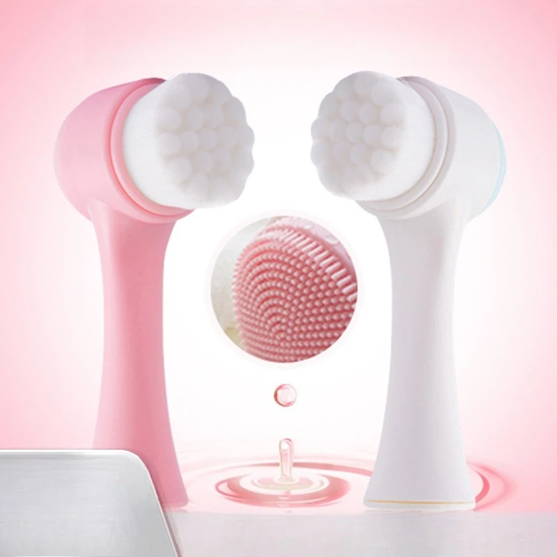 Double Sided Facial Cleansing Brush Silicone Soft Bristles Blackhead Remover Pore Cleaner Exfoliating Massager Waterproof Tool