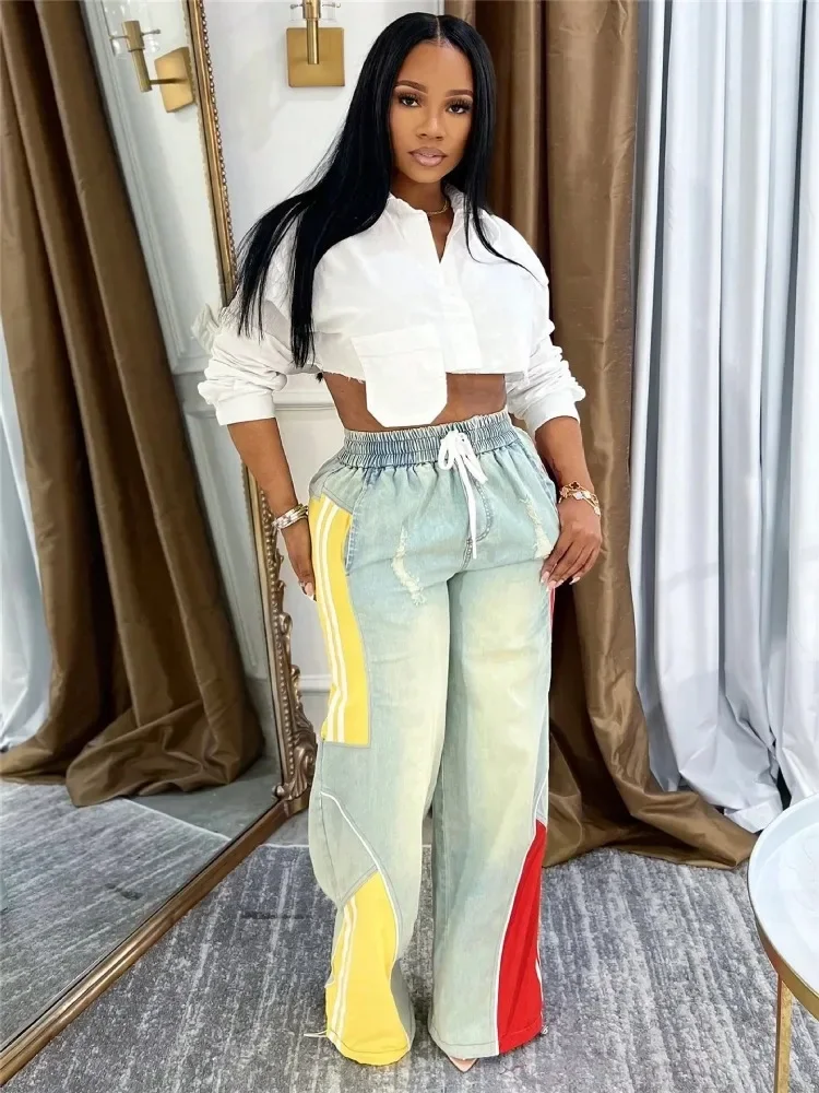 

EOENKKY женские прямые широкие брюки с завязками на талии, джинсы 2025, джинсовые лоскутные спортивные праздничные спортивные штаны для бега, брюки