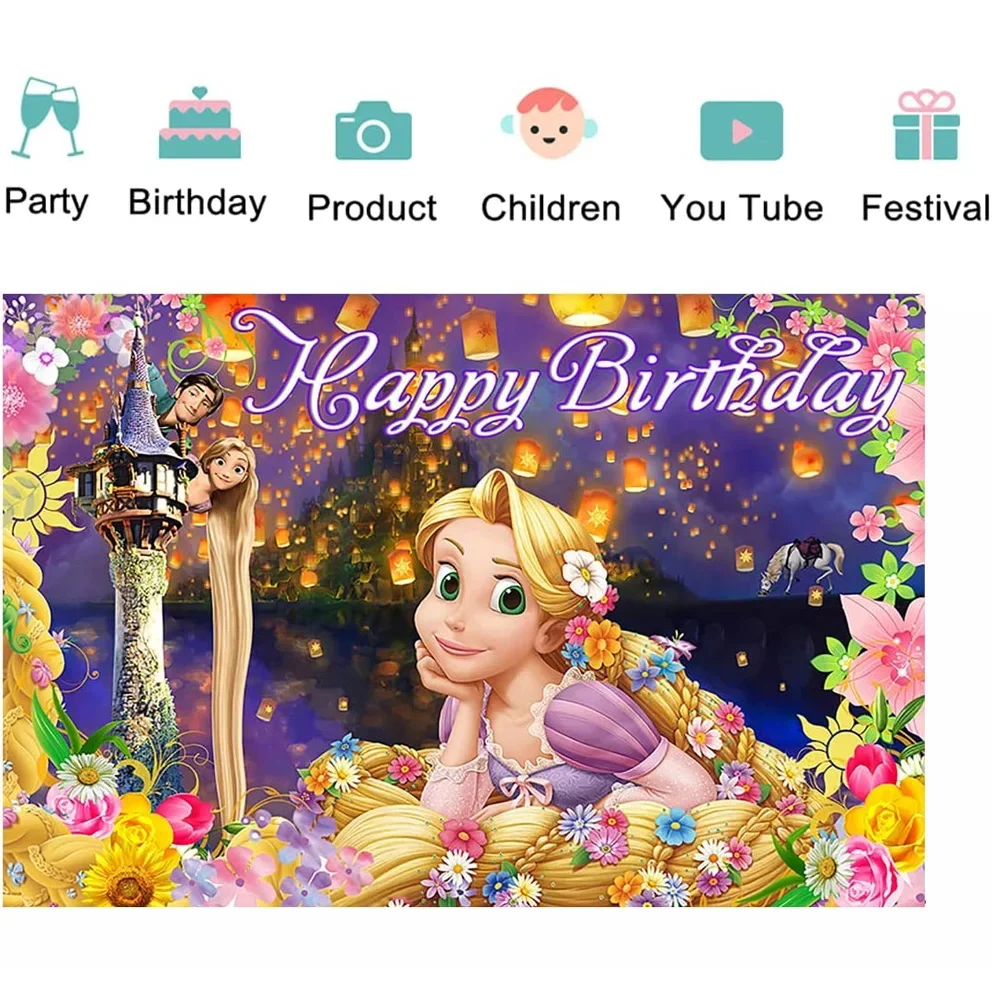 Disney Rapunzel Backdrop Happy Customized Background Gift Girl Princess Birthday Party Decoration Supplies Baby Shower Banner