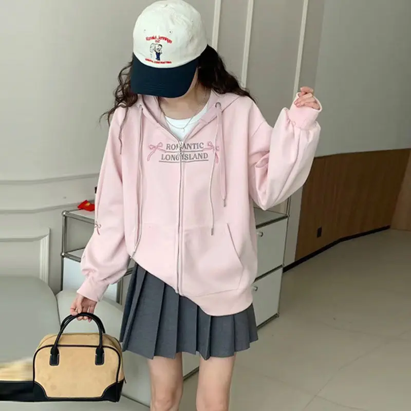 Korean Girl Sleeve Bow Design Sense Spring Loose Hooded Zipper Cardigan Sweater Lantern Sleeve Coat Embroidered Pink Bow Coat