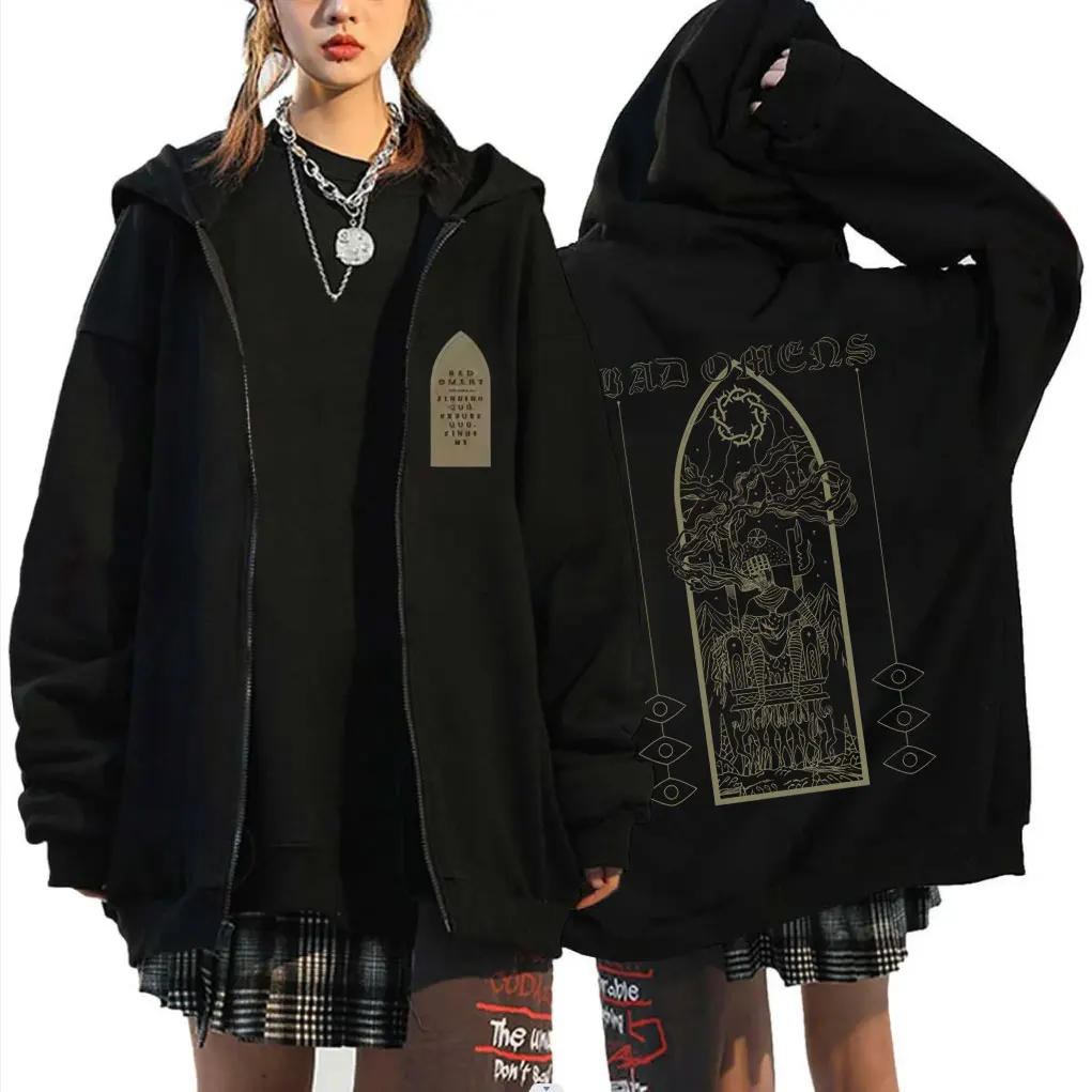 

Rock Band Bad Omens Graphic Zipper Hoodie Men Women Fleece Cotton Oversized Zip Up Jacket Men's Retro Gothic Zip Up Sweatshirt