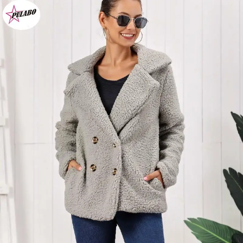 

PULABO Autumn Winter Double-breasted Women's Jacket Fur Coat Turndown-collar Loose Plush Coat Women Teddy Jacket Sheepskin Coat