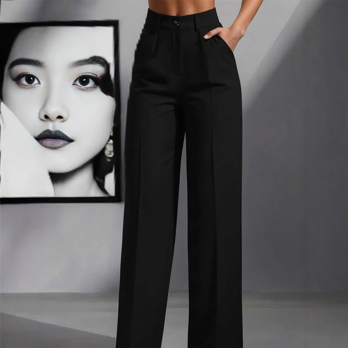 New Elegant Fashionable Casual Women's High-waisted  Draped Straight-cut Pocket Slimming Versatile Simple Solid Women Chic Pants - view 3