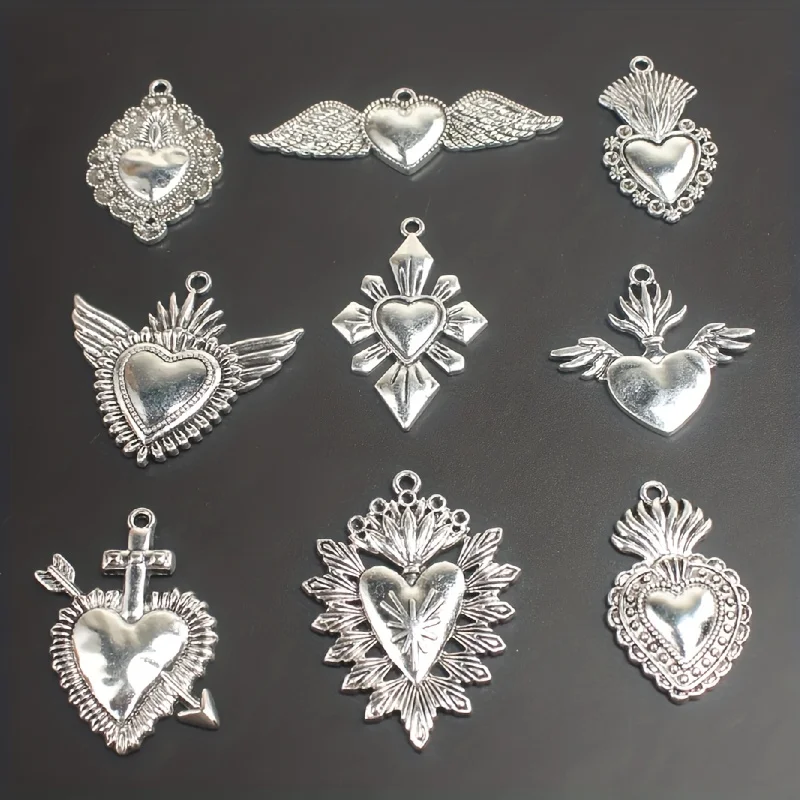 

9pcs Mixed New Silver Plated Retro Catholic Sacred Heart Alloy Pendant DIY Charms Bead Necklace Bracelet Jewelry Crafts Making