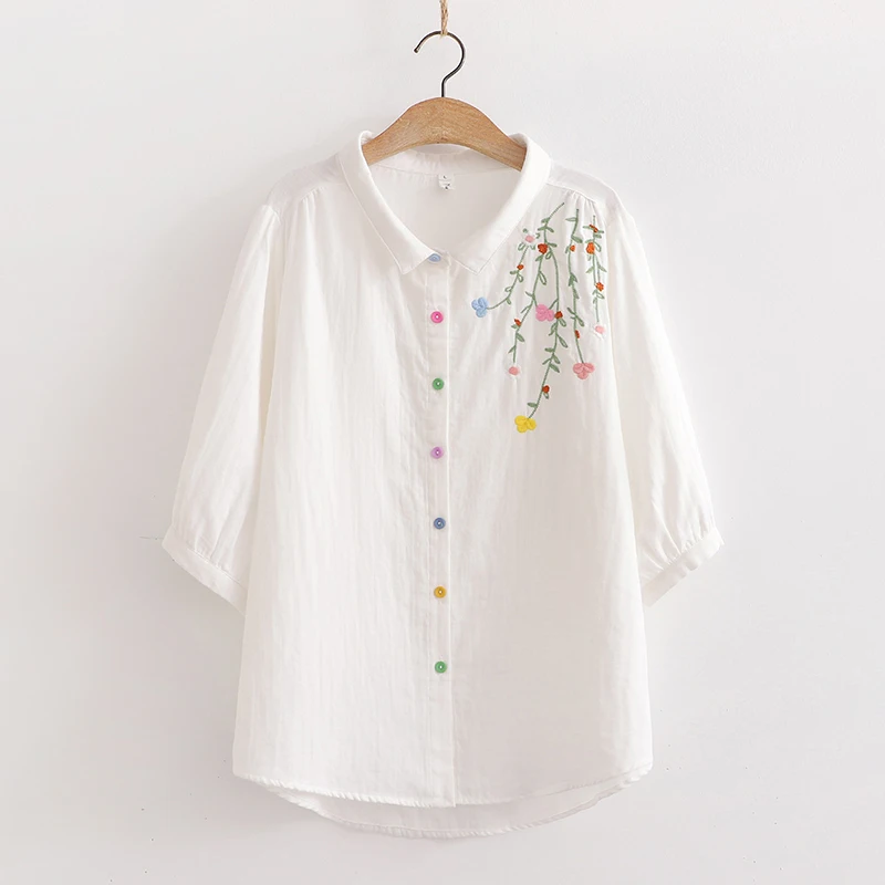 Summer Women Floral Embroidery Multicoloured Button Cotton Shirt White Color Three-quarter Sleeve Casual Slimming Tops U338