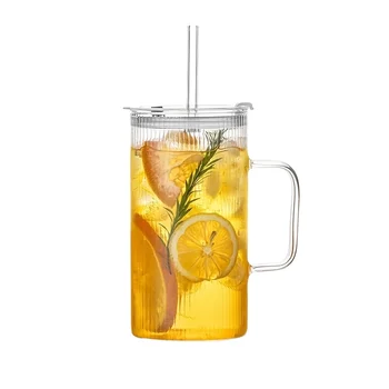 KEMORELA 740ML Large Ribbed Glass Tumbler with Handle and Lid Set of 1/2 Clear Glass Cups…