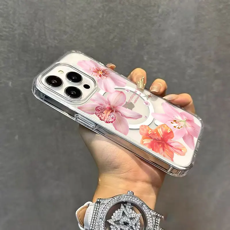 جديد زهرة الكركديه الأزهار بسيطة Magsafe شاحن لاسلكي جراب هاتف آيفون 16 15 14 13 12 11 برو ماكس زائد غطاء صغير 16E
