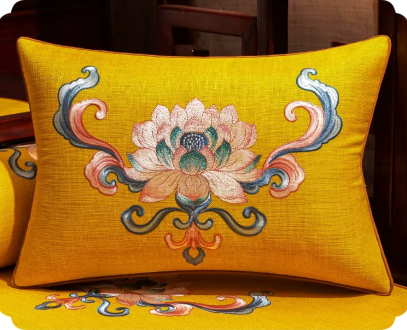Chinese Style Lotus Embroidered Throw Pillow Cover Yellow Linen Cushion Cover Pillow Case for Sofa Living Room Home Decor