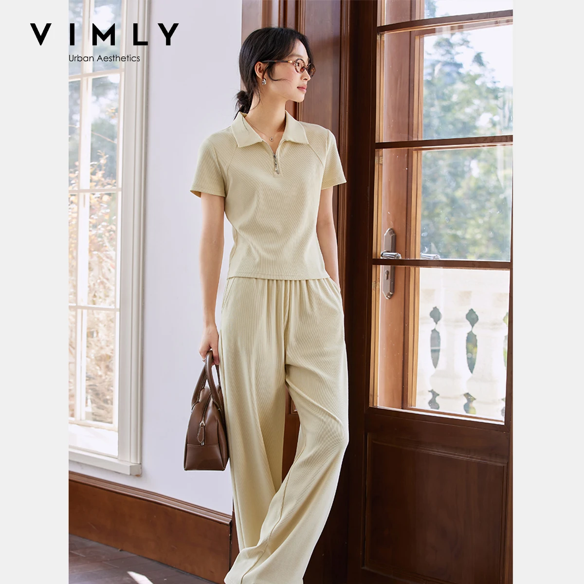 VIMLY 여성용 여름 트레이닝복 스포츠 레저 팬츠 세트 2종 세트 2025 여성 폴로넥 티셔츠 와이드 레그 스웨트 팬츠 M7793