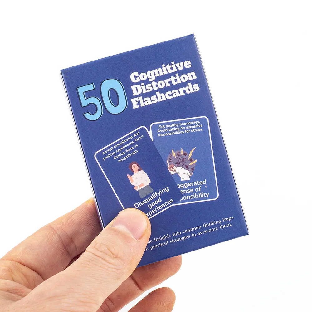 50 بطاقة تعليمية للتشويه المعرفي تحديد مصائد التفكير، استراتيجيات العافية العقلية العملية، لعبة لوحة الإدارة العاطفية