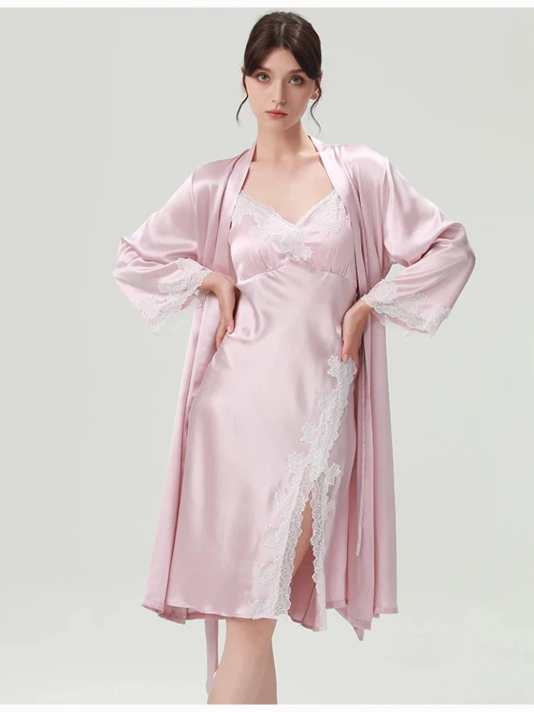 

Embroidered Lace 19MM 100% Mulberry Silk Women's Sexy Nightgown Tie Up Bathrobe Set Side Split Midi Sling Nightdress Kimono Robe