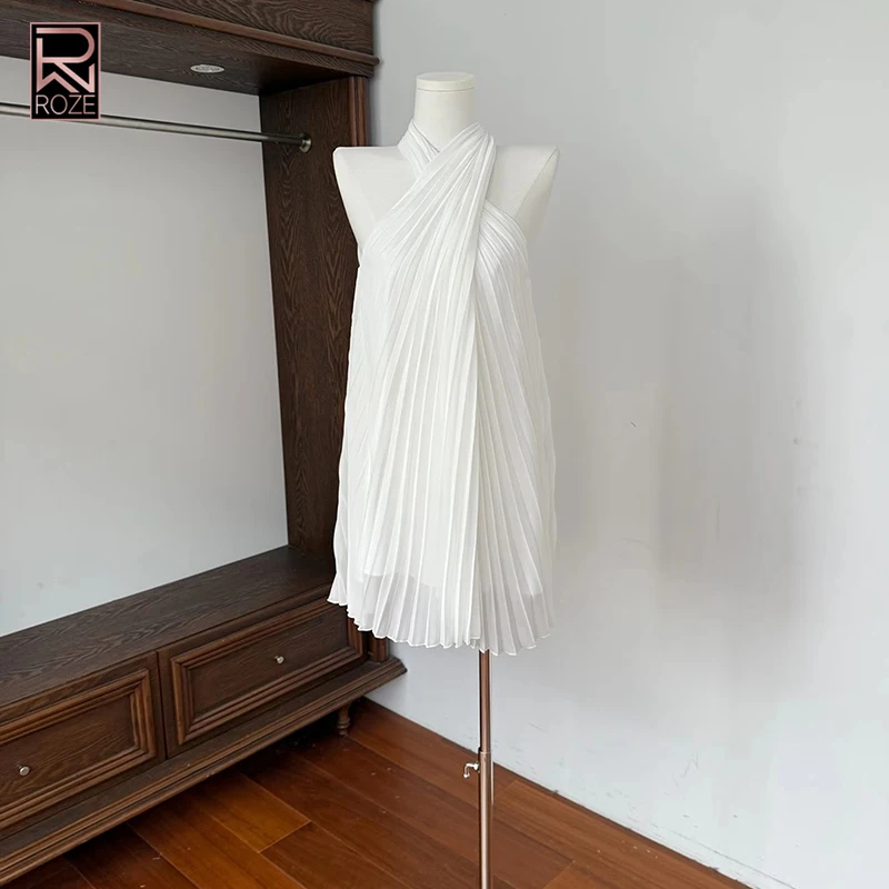 솔리드 패치워크 메탈 튜닉 시크 드레스 여성용 홀터 슬리브리스 미니멀리스트 시어 폴드 캐주얼 드레스 여성 패션 스타일