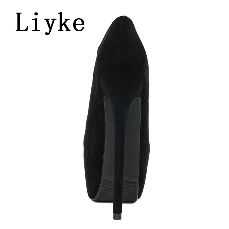 Liyke Spring Autumn Sexy Slingback Slip On Women Platform Pumps Solid Black Round Toe Super High Heels Stripper Pole Dance Shoes