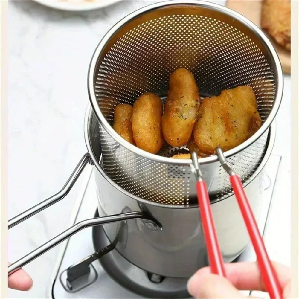 2025 New Stainless Steel Fryer with French Fries and Chicken Wings, Household Small Oil Pot with Filter Screen, Tianfu Luo Pot