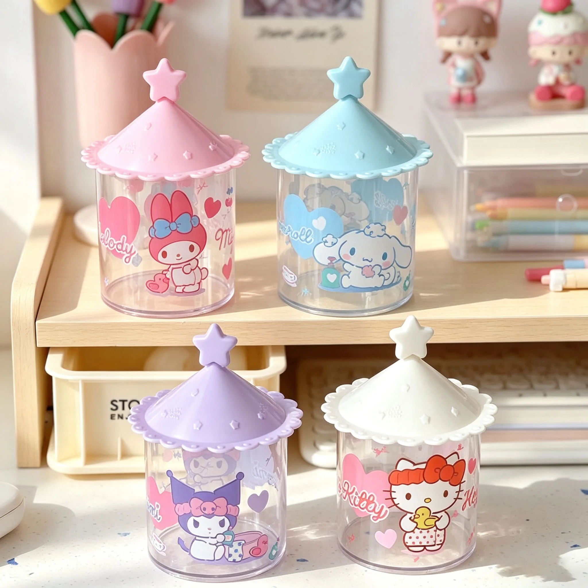 Hello Kitty Transparent Plastic Storage Can Cute Tent Cartoon Desktop Storage Box Hairclip Bead Pen Jewelry Dustproof Box