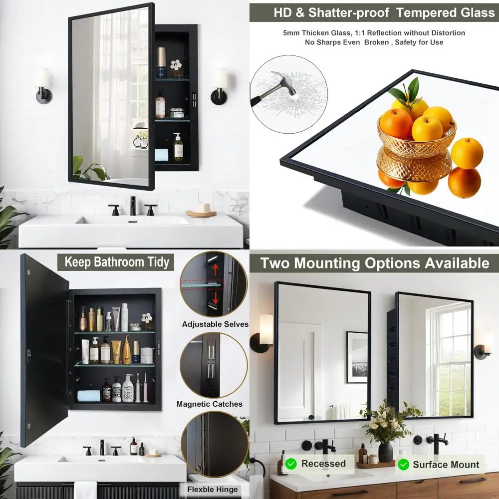 

Black Metal Framed Rectangular Mirrored Medicine Cabinet with Storage