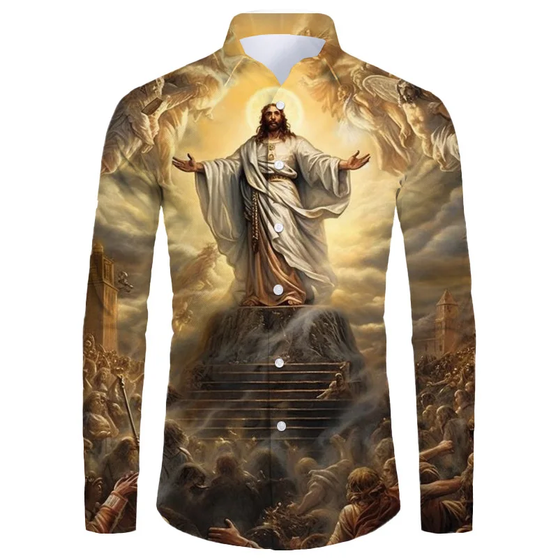 La cruz de moda 3D camisas sobre Jesús Love Everone ropa cristiana para hombres, nueva llegada, solapa de verano, camisa de manga larga, Tops