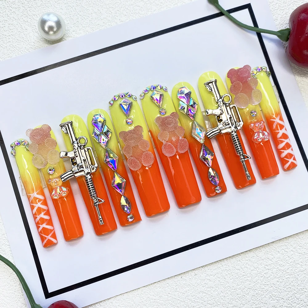 

10 шт. накладных ногтей ручной работы, новый модный дизайн, салонное качество, длинные акриловые искусственные ногти, изысканное украшение, маникюр