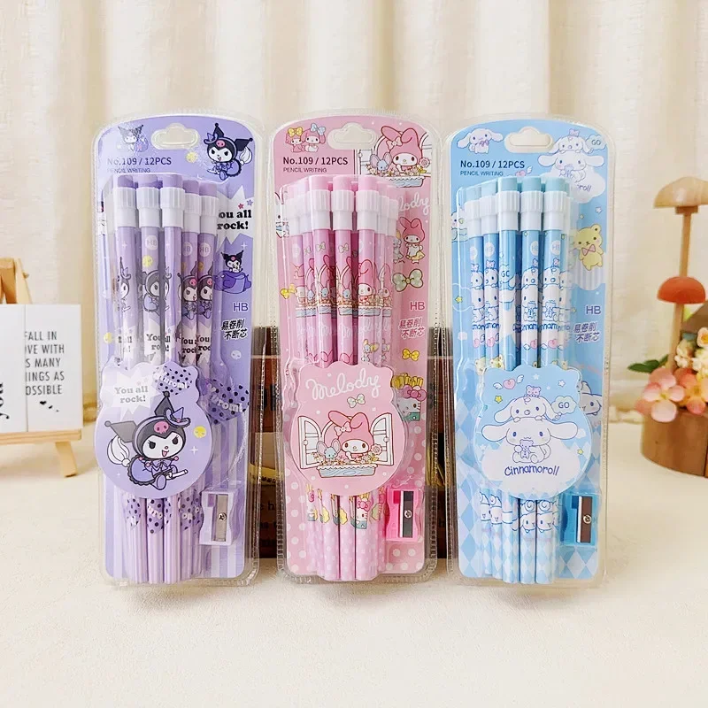 

12pcs Sanrio Kawaii My Melody Pencil Cinnamoroll Kuromi Anime Cartoon Students School Stationery HB Writing Pencil with Eraser