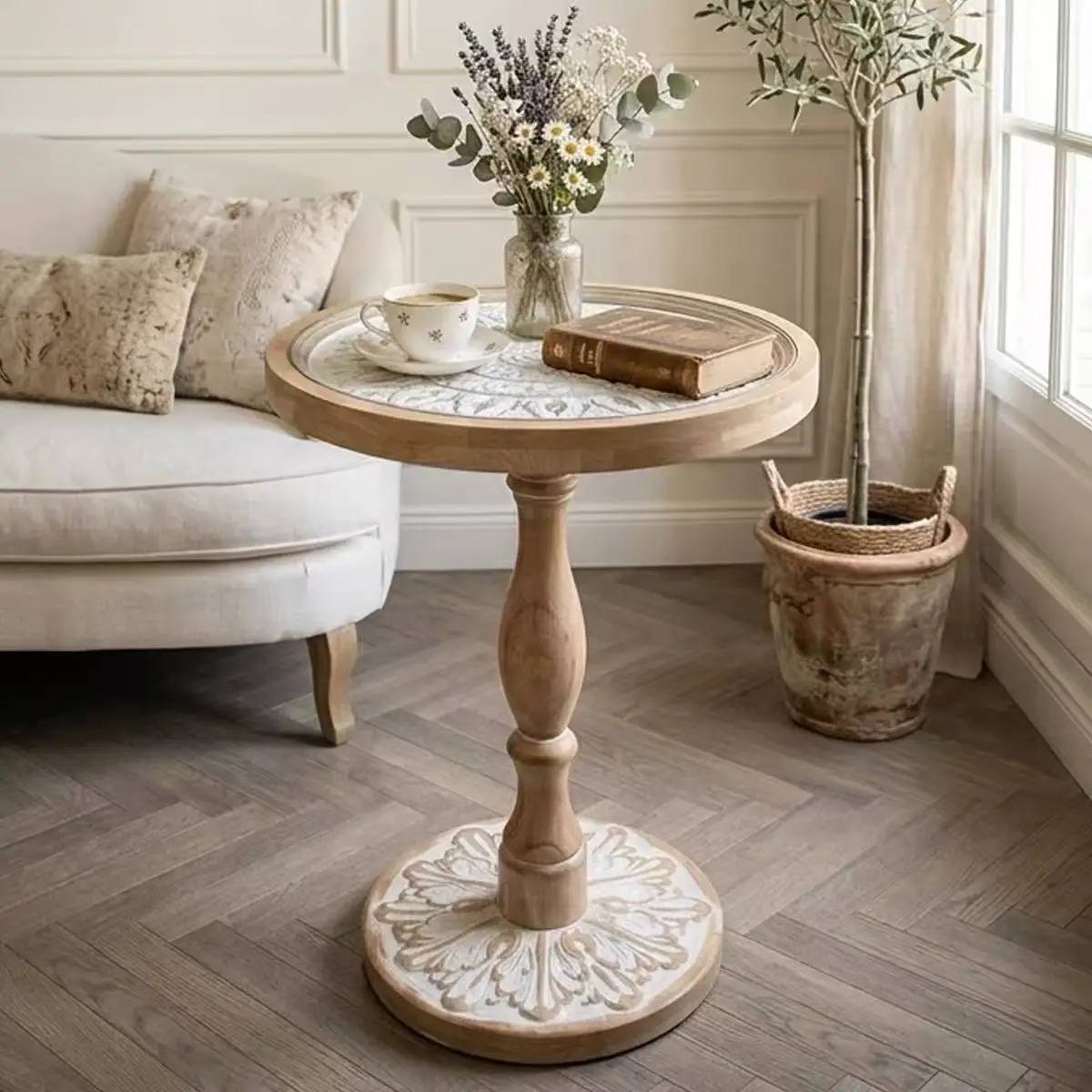 

#French Vintage Wood Side Table, Round Carved Accent Table for Living Room