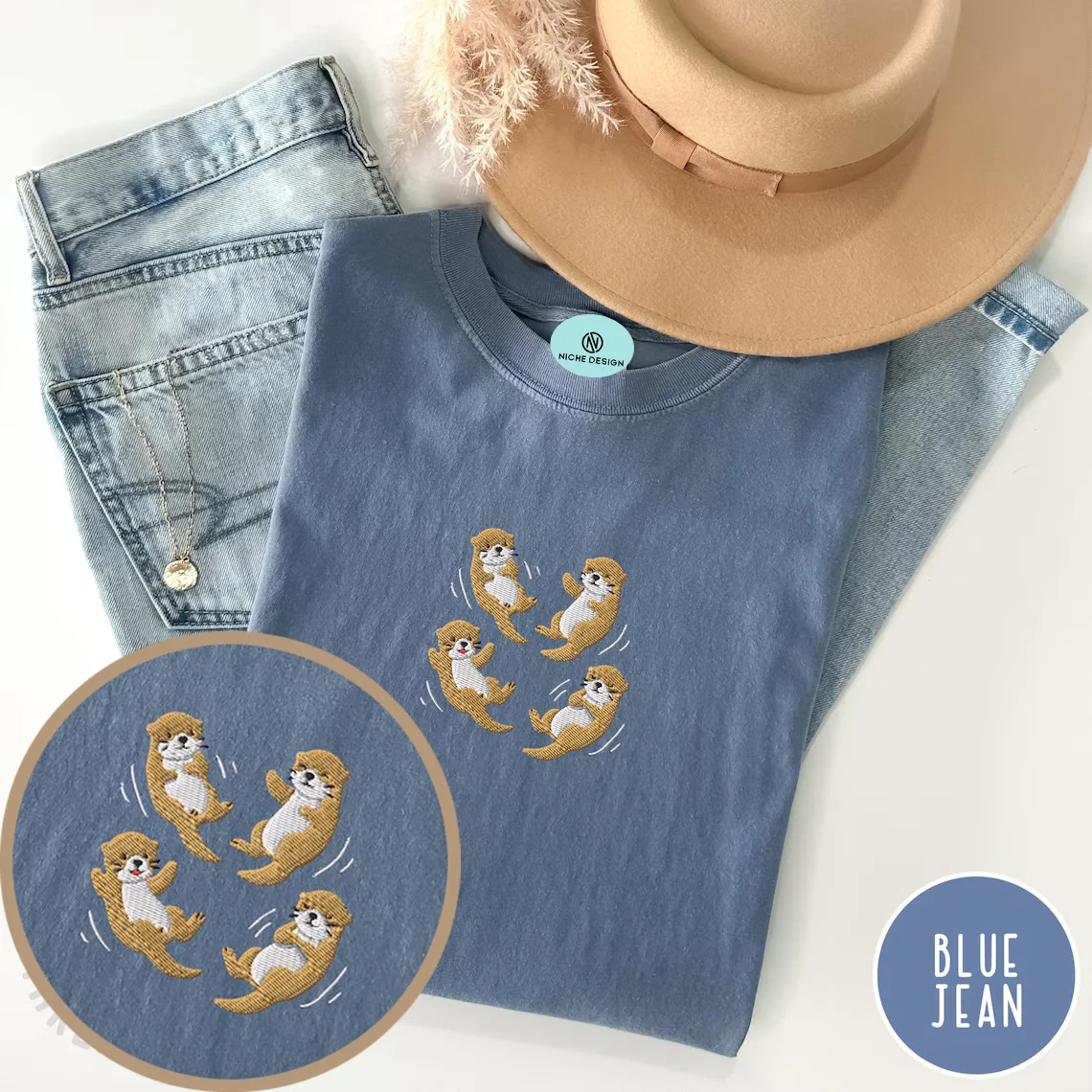 Embroidered Otter Shirt, Comfort Colors Tee, Cute Animal T-shirt for Women, Otters Holding Hands, Adorable Ocean River Animal Lo