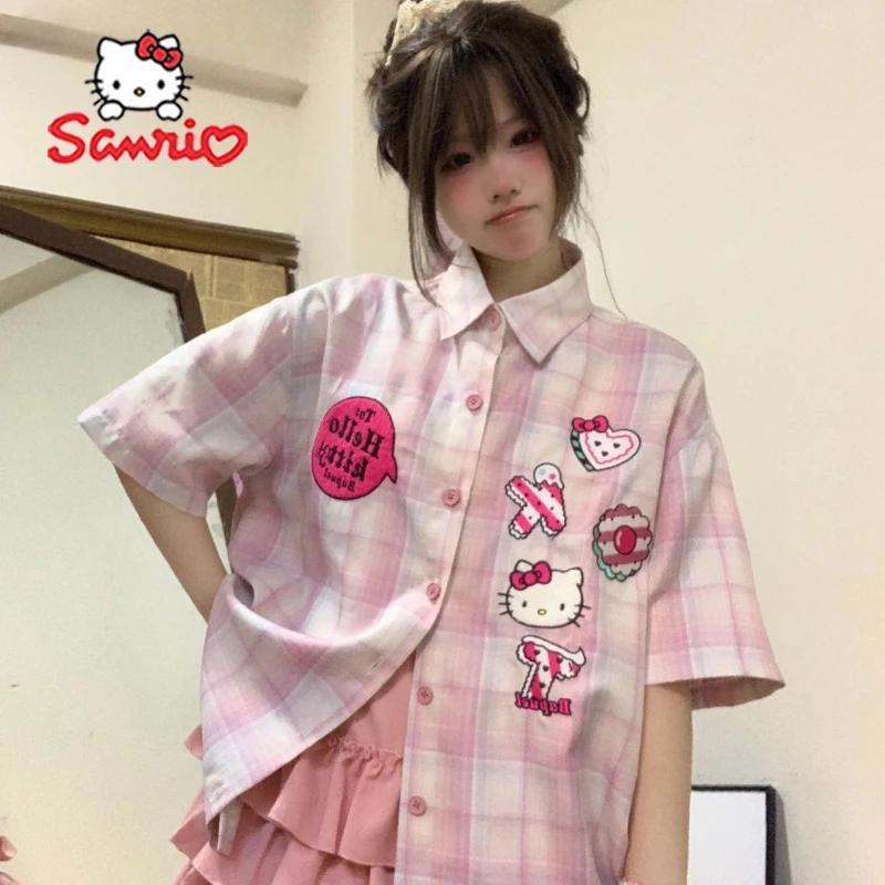 Sanrio Hallo Kitty Shirt Short Cartoon Lolita Girl Short Sleeve Fashions lattice Japanese Summer Campus women T-shirt Gift