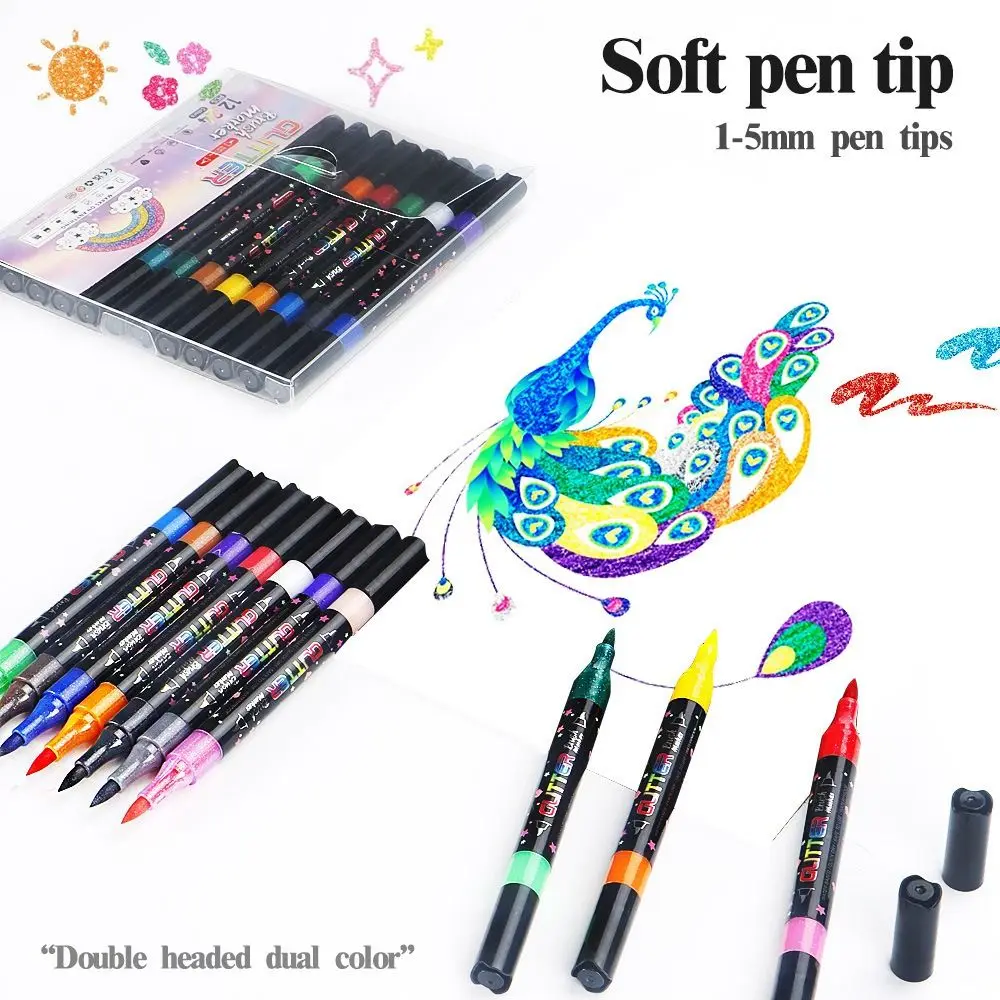 

12/24pcs Glitter Flash Marker Pen Soft Tip Double Tip Double Colors Colored Highlighters Glitter Fluorescent Pen Students