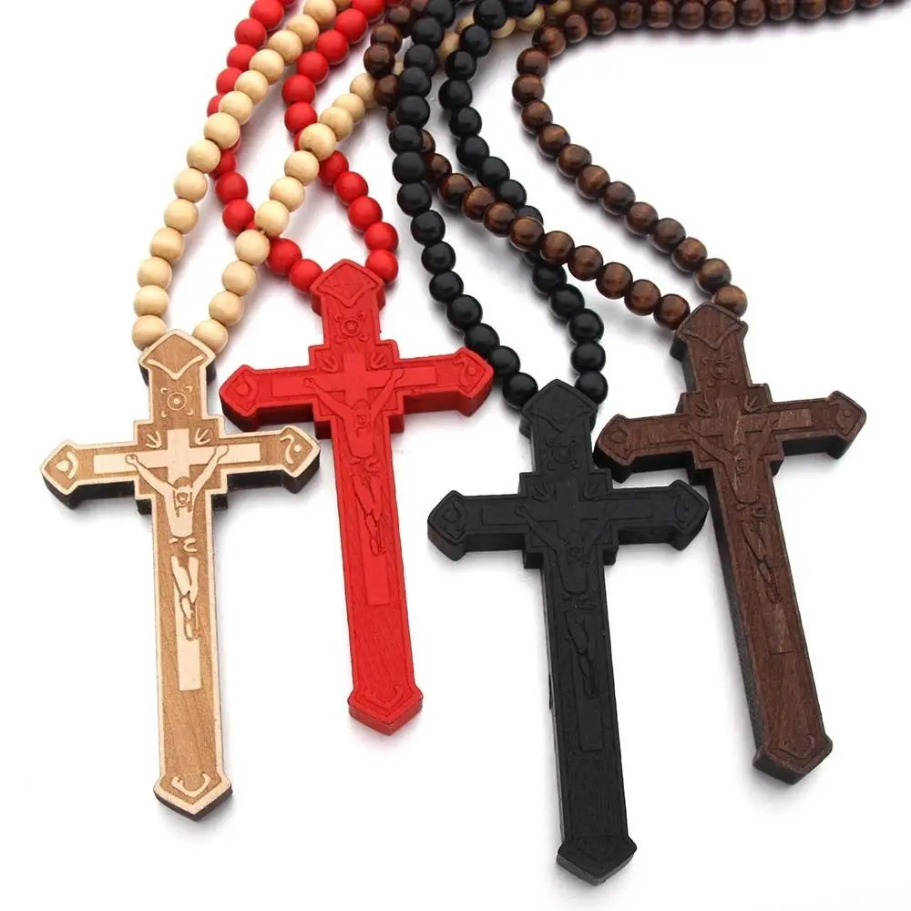 

Wood Handmade Rosary Necklace Religious Catholic Wood Beads Necklace Car Ornament Mellow Crucifix Pendant Chain Women