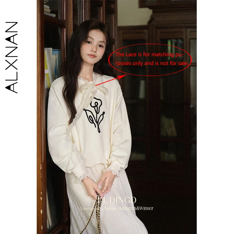 ALXNAN Women's Sweatshirts Apricot Round Neck Flower Pattern Lace Stitching Pullover Autumn Loose-fit Long Sleeve Tops L569106