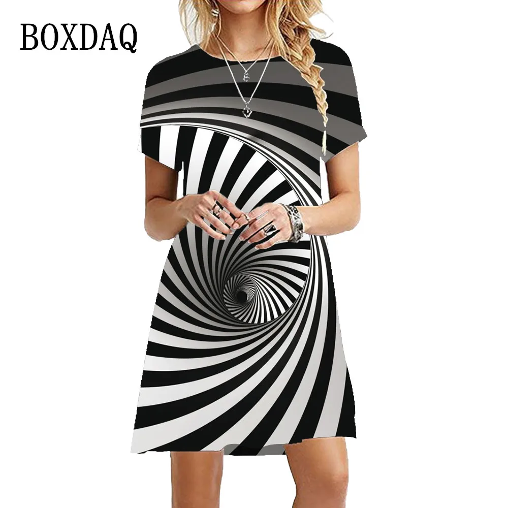 2023 Women Fashion Optical Illusion Dresses Summer Short Sleeve Black White Striped Classic Dress Casual Pattern 3D Print Dress