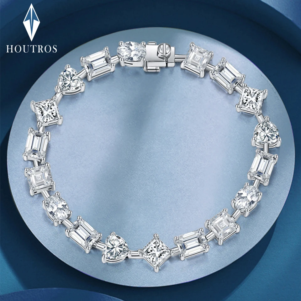 

18ct Irregular Full Moissanite Diamond Bracelet for Women 1ct Princess Heart Oval Emerald Cut S925 Silver Wedding Party Bangle