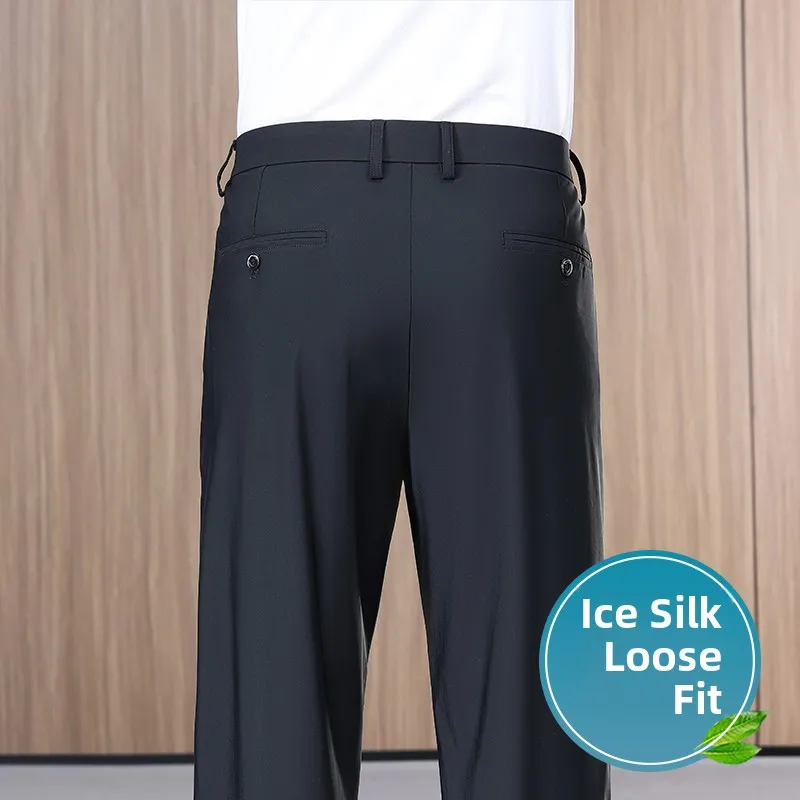 

High-End Ice Silk Men's Casual Pants Summer Thin Loose Straight Tube West Pants Summer Long Trousers for Middle-Aged Men