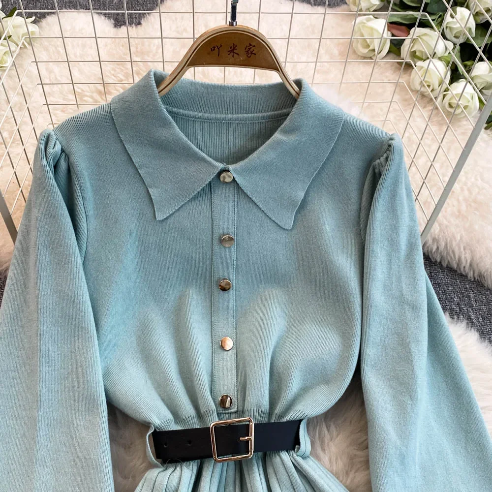 French Elegant Lapel Lantern Long Sleeve Single Breasted Knit A-line Dress Slim Fashion Sweater Women Autumn Winter Clothing