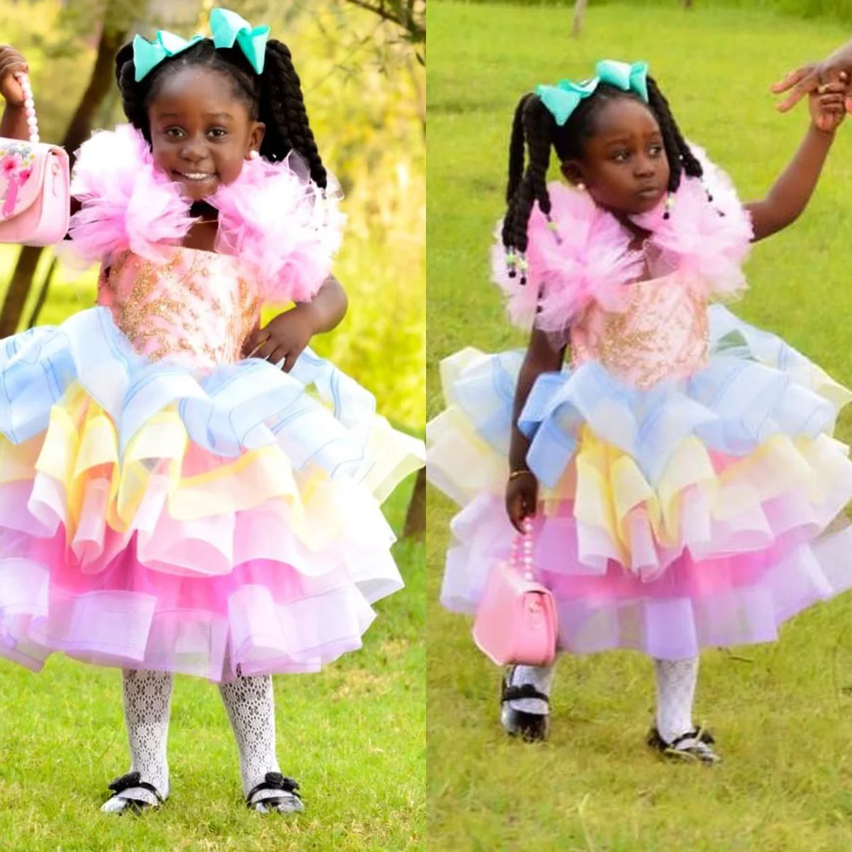 Rainbow Kids Birthday Party Dresses Beading Ruffles Pink Flower Girl Dresses for Wedding Baby Girls Prom for Photoshoot