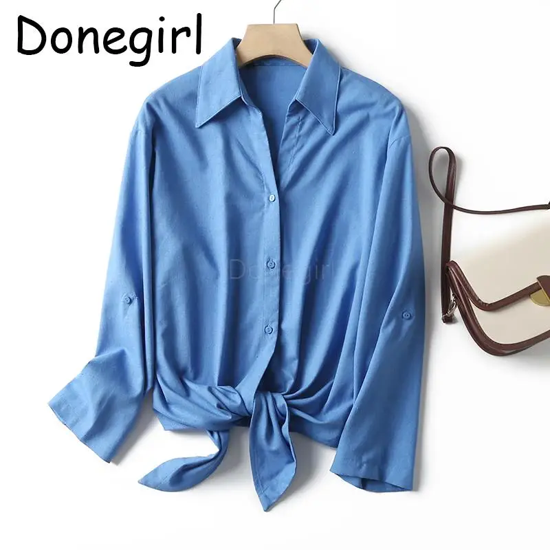 

Женская однобортная блузка Donegirl, модная Свободная рубашка на пуговицах с длинным рукавом и подолом, повседневные блузки со шнуровкой, шикарные женские топы, новинка 2023