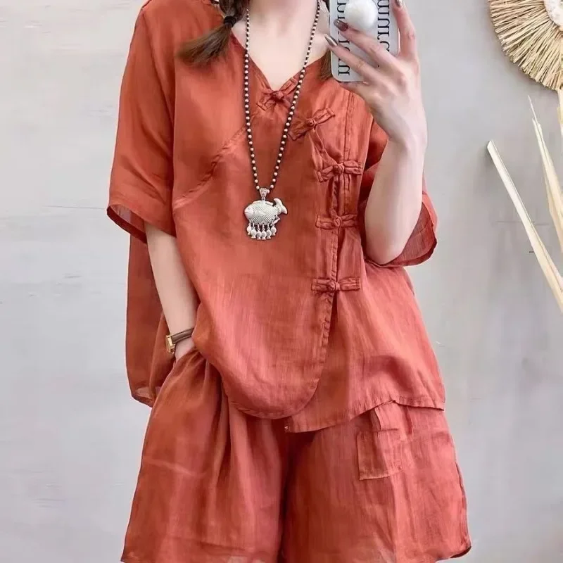 Thin Disc Button Small Suit Summer New Small Slim Shirt Loose Wide Leg Shorts Two-piece Set 2 Piece Sets Womens Outfits